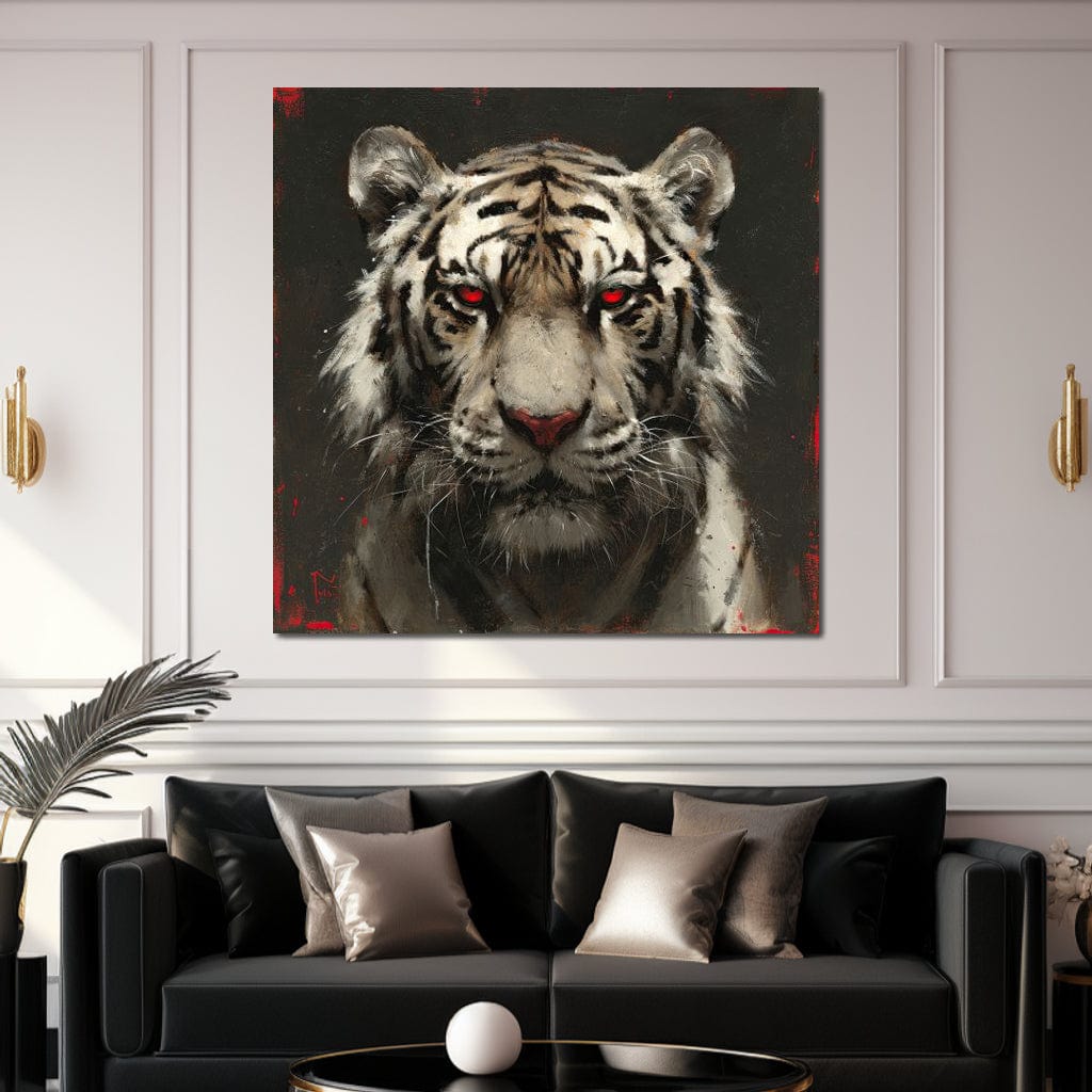 tablou canvas cu un tigru cu ochii rosii si privire patrunzatoare, pe fundal intunecat cu accente picturale rosii