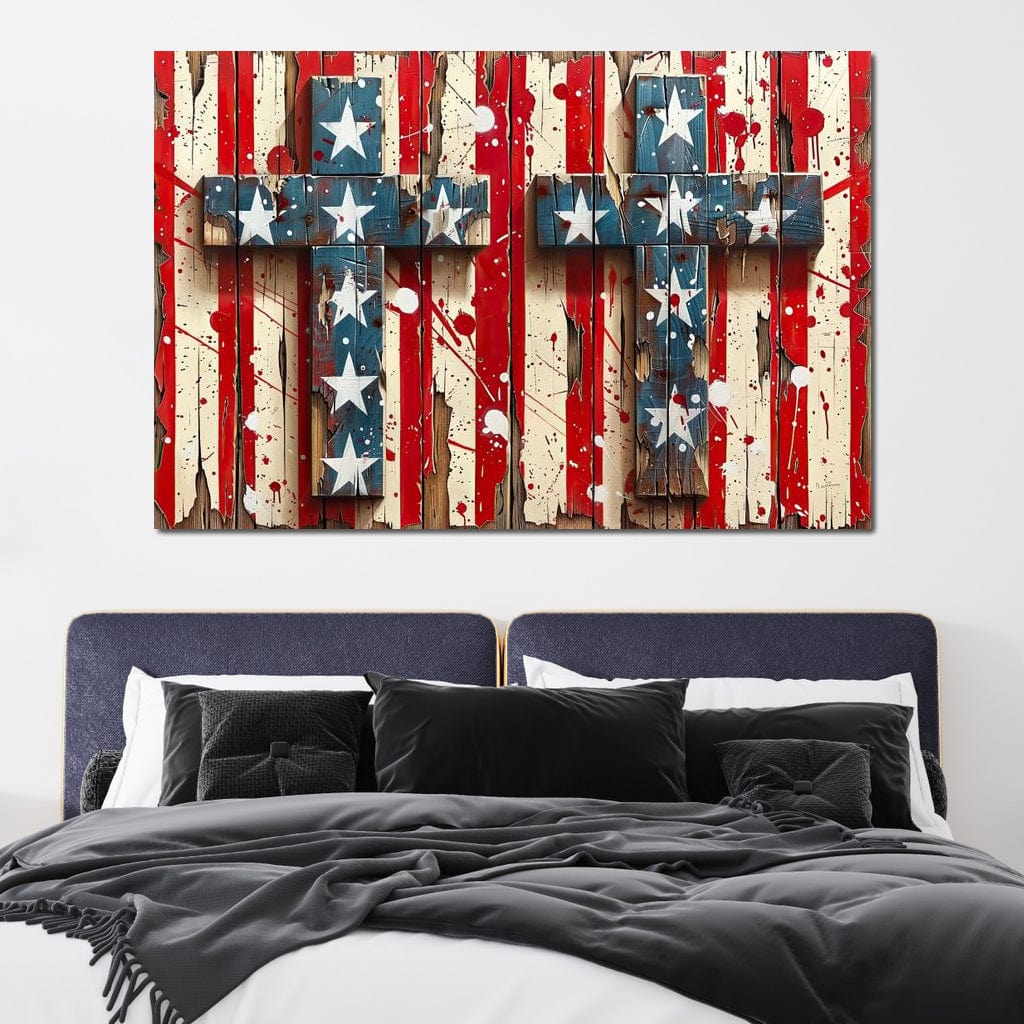 Tablou Canvas Premium LuxCanva® H1041, Crucea Libertatii, Credinta, Cruce, Libertate, Patriotism, Drapel, Stele, Simbol Crestin, Arta Patriotica, Living, Dormitor