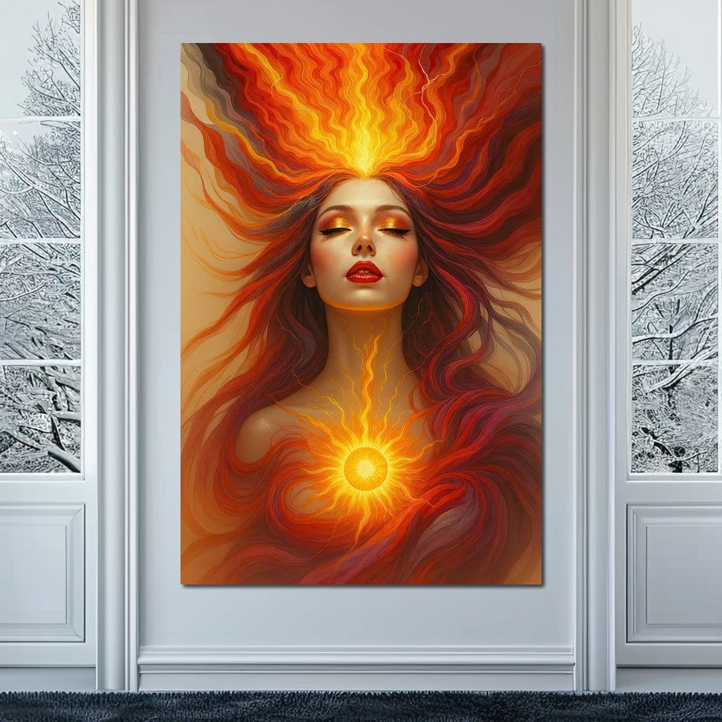Tablou Canvas Premium, LuxCanva® G1158, Zeita Focului, Flacari, Soare, Chakre, Rosu, Auriu, Energie, Solara, Raze, Puritate, Simbolism, Mistic, Aura, Meditatie, Zen, Birou, Living, Dormitor