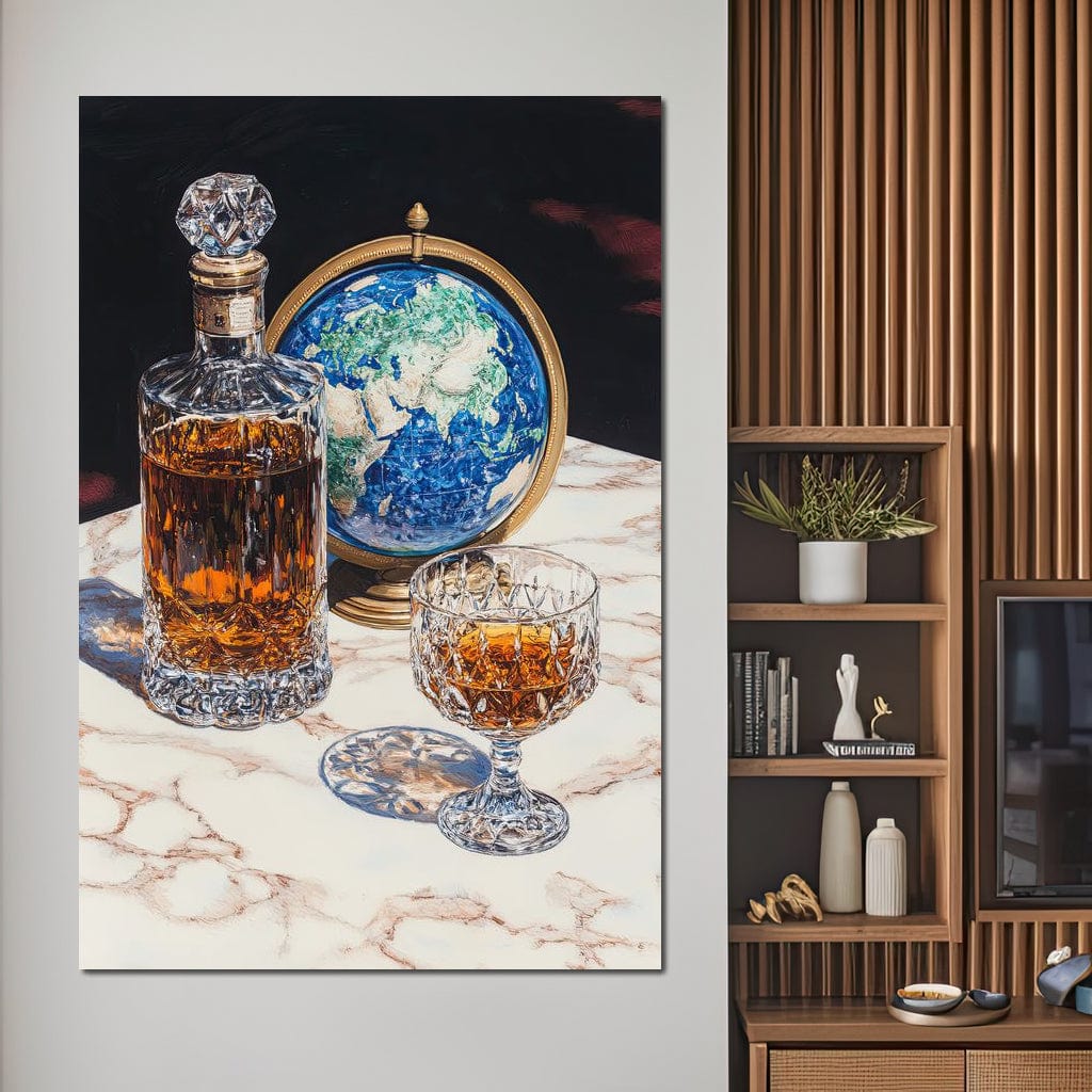 tablou canvas cu o sticla si un pahar de whiskey, pe o masa de marmura alba, langa o decoratiune reprezentand globul pamantesc
