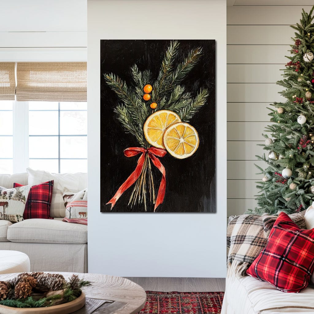 Tablou Canvas Premium LuxCanva® D1015, Ramuri Aromate de Brad , Ramuri, Brad, Portocale, Miros, Living Room, Culori vibrante