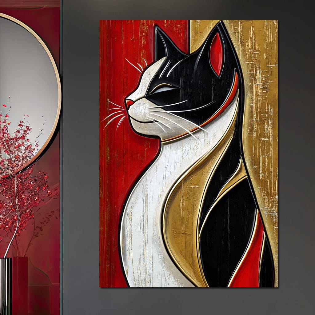 tablou canvas cu portretul elegant al unei pisici, surprinsa din profil in linii abstracte pe tonuri calde de auriu, negru si rosu