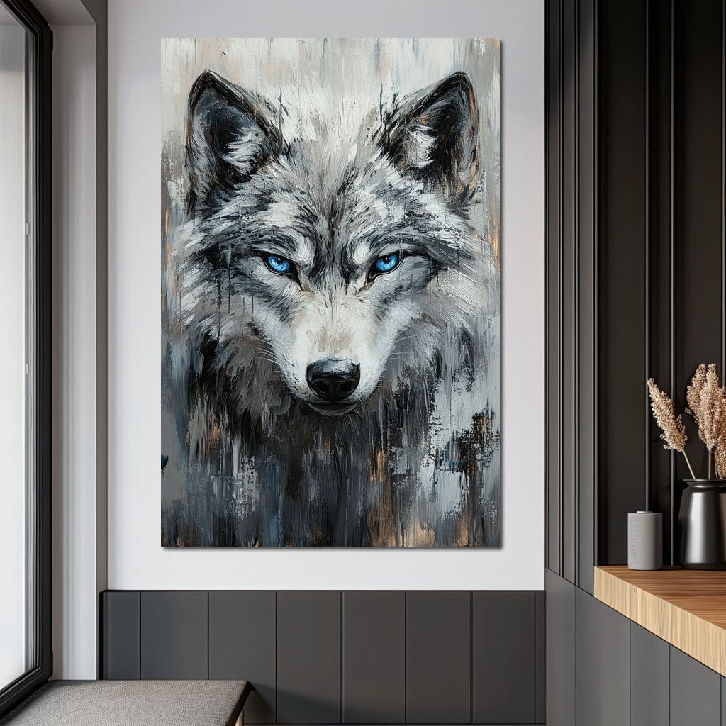 tablou canvas cu un lup cu ochi albastri, pictat in nuante de gri si auriu pe fundal deschis