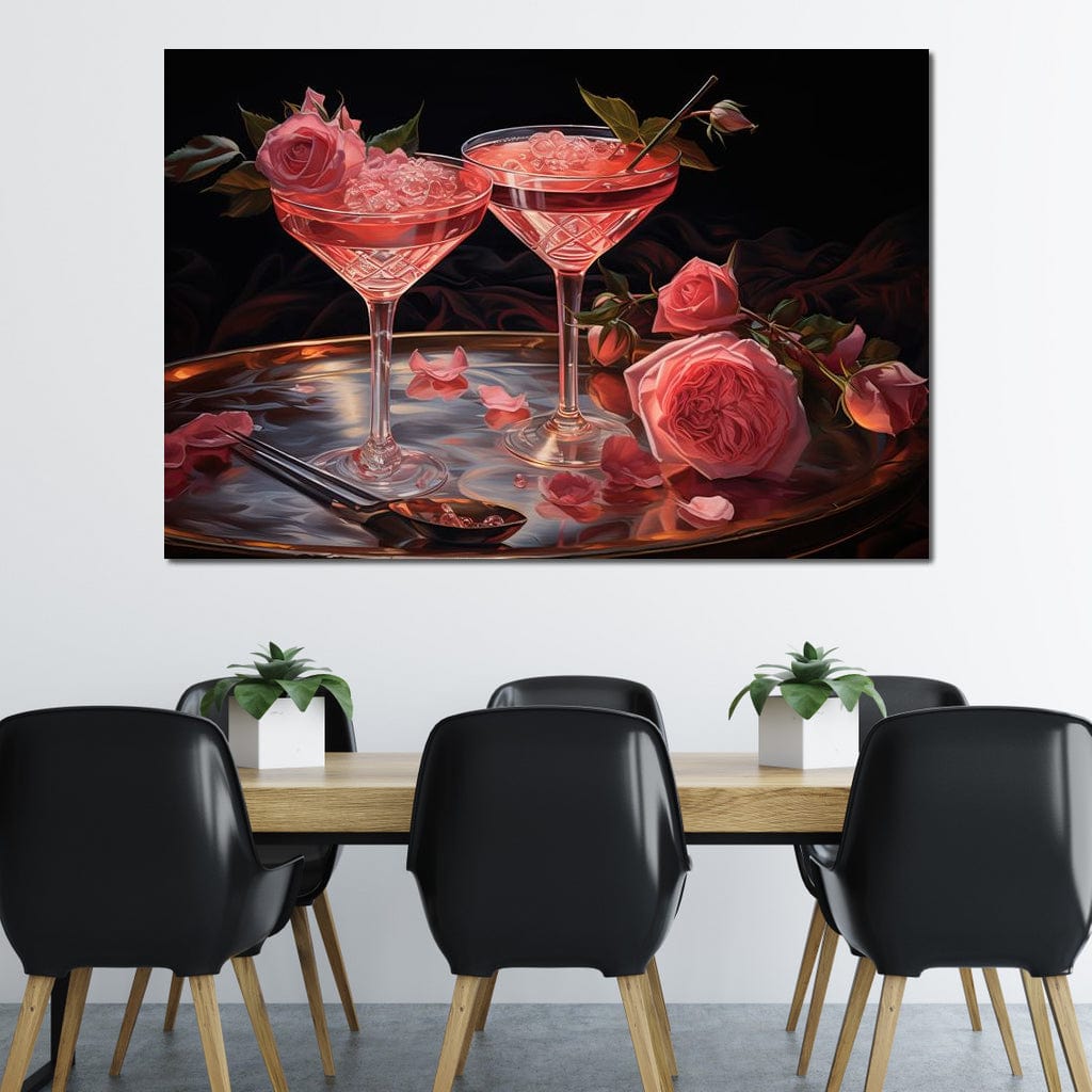 tablou canvas cu doua pahare de cocktail roz, decorate cu trandafiri si petale romantice
