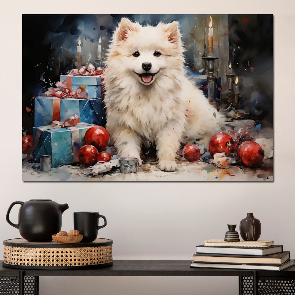 Tablou Canvas Premium, LuxCanva® D1033, Blanosul Samoyed printre Globuri , Patruped, Blana, Rosu, Globuri, Lumanari, Living Room, Culori vibrante