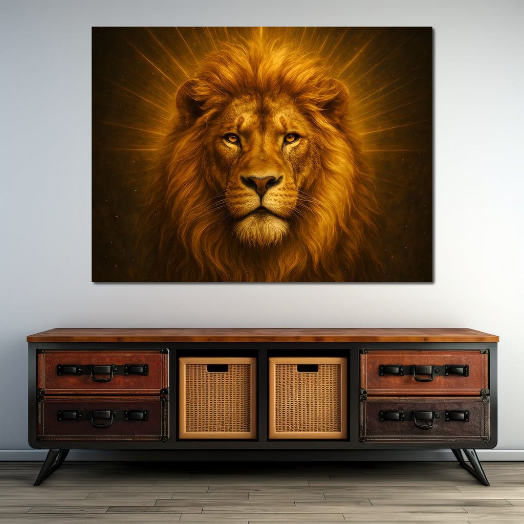 tablou canvas cu un leu surprins frontal in nuante calde, pe fundal luminos