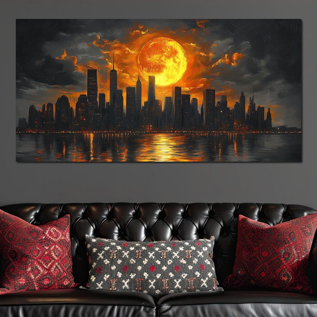 Tablou Canvas Premium, LuxCanva® O1015, Apus Deasupra Metropolei, Apus, Astru, Soare, Flacari, Oras, Cladiri, Zgarie Nori, Cosmic, Apocaliptic, Ancestral, Poveste, Calatorie, Birou, Living, Dormitor