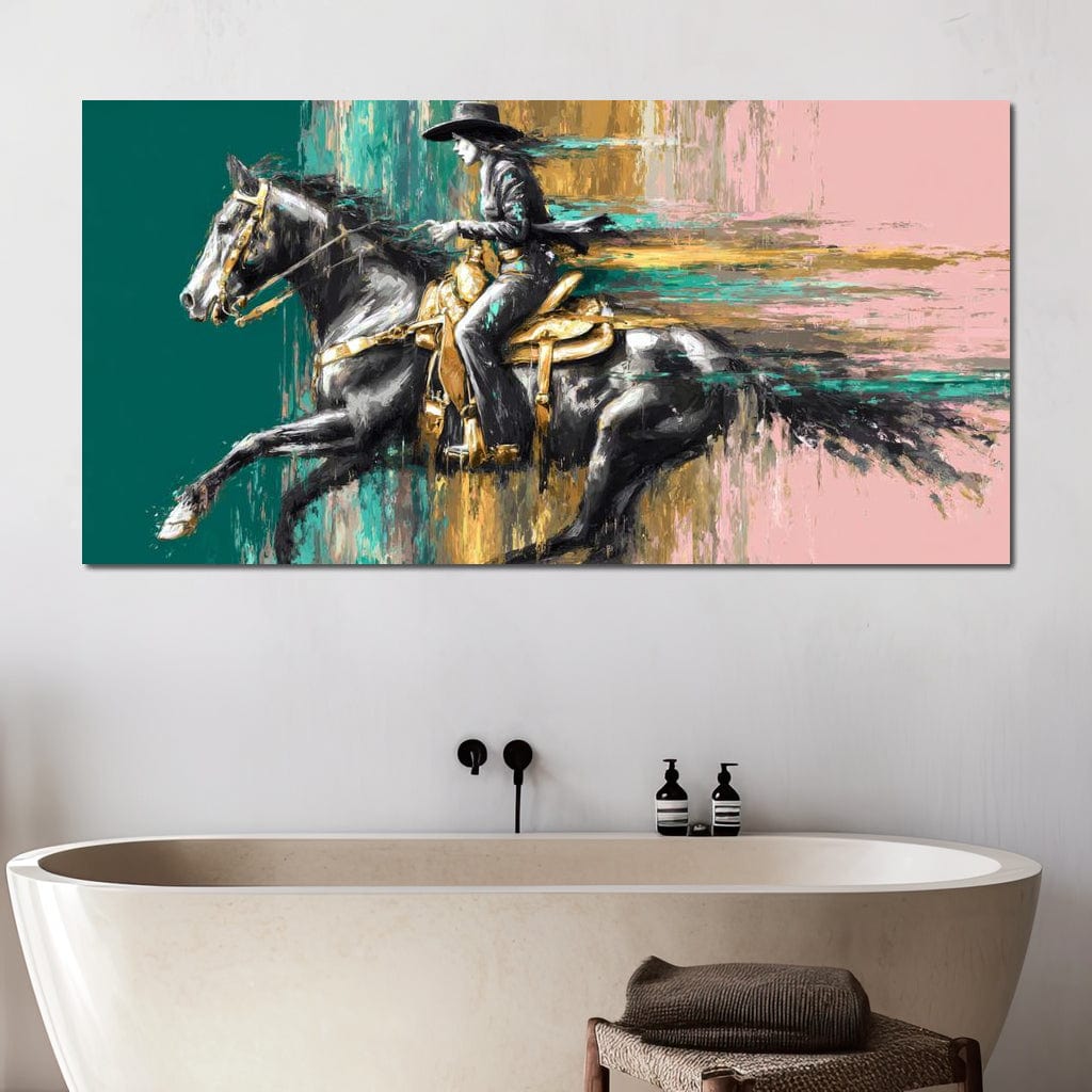 tablou canvas cu un calaret si un cal in galop, cu viteza pe fundal abstract pictat in culori calde si reci