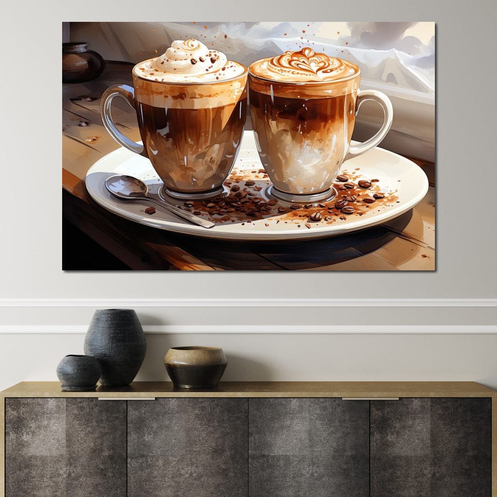 tablou canvas cu doua cesti cu cafea cu frisca si spuma, pe o farfurie cu boabe de cafea, intr-un peisaj rustic cu masa de lemn