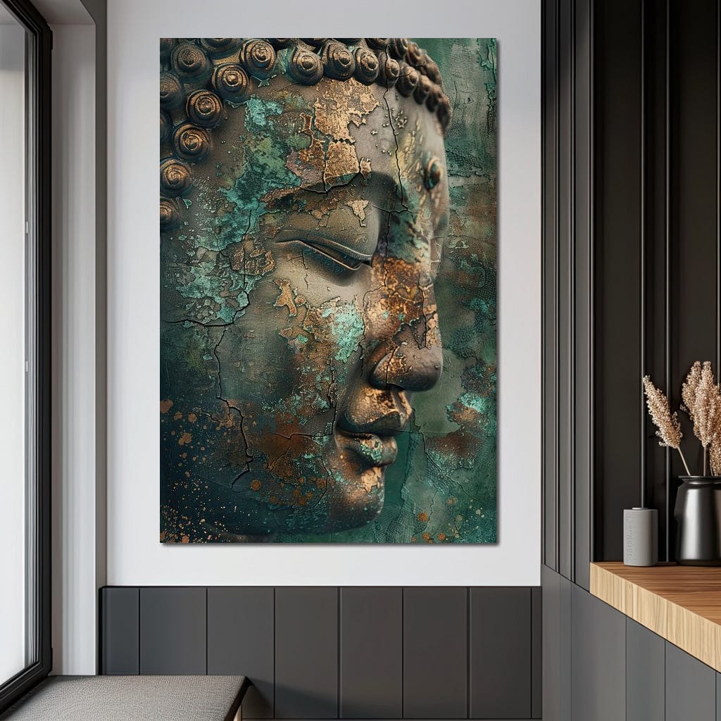 Tablou Canvas Premium LuxCanva® I133, Reflectie in Ruina, Buddha, Zen, Meditatie, Profil, Renastere, Transformare, Contemplare, Calm Profund, Crapaturi, Living, Dormitor