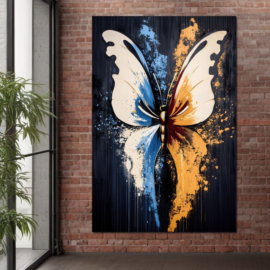 tablou canvas cu un fluture abstract in nuante vibrante de albastru si portocaliu, pe fundal negru texturat cu efecte de stropi