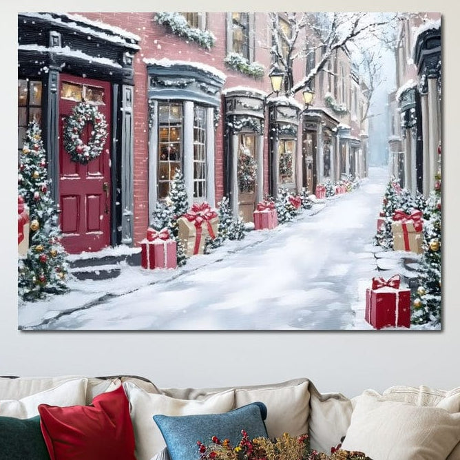 LuxCanva® Tablou Canvas Premium D1083 prezintă o scenă magică de iarnă cu case decorate, zăpadă, lumini, cadouri și ghirlande festive - perfect pentru a adăuga farmecul sărbătorilor în camera de zi, dormitor sau camera copiilor.