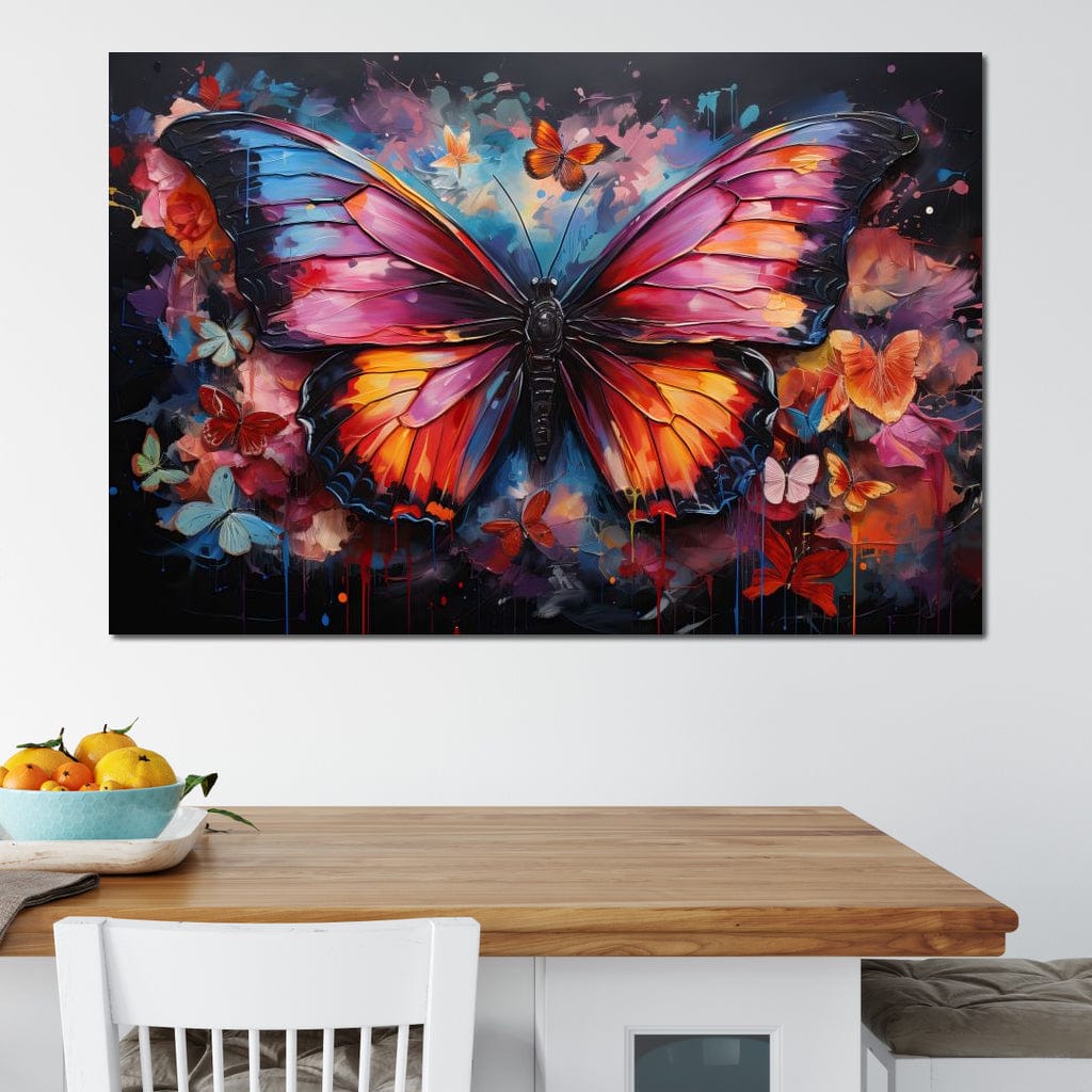 tablou canvas cu un fluture mare multicolor, inconjurat de fluturi mai mici si colorati, pe fundal intunecat cu accente florale