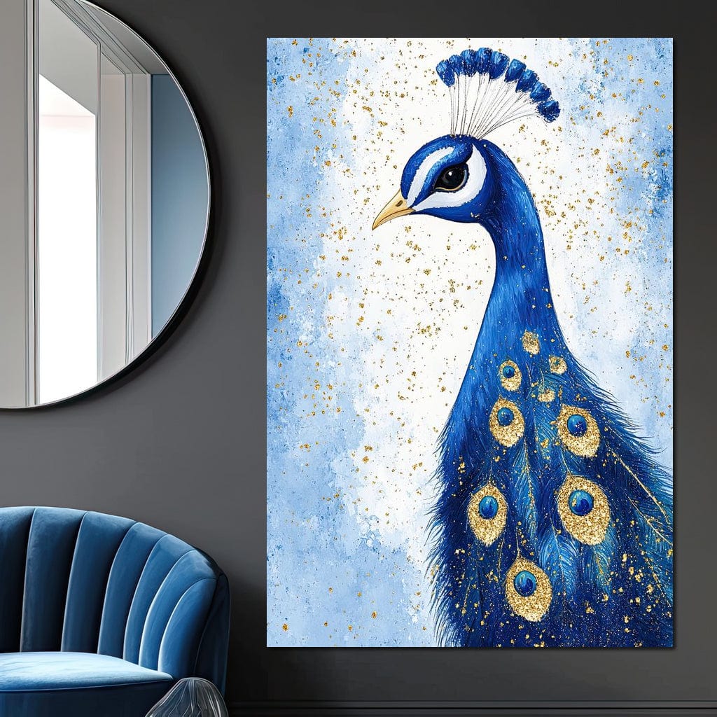 tablou canvas cu un paun albastru regal, decorat cu detalii aurii pe fundal deschis