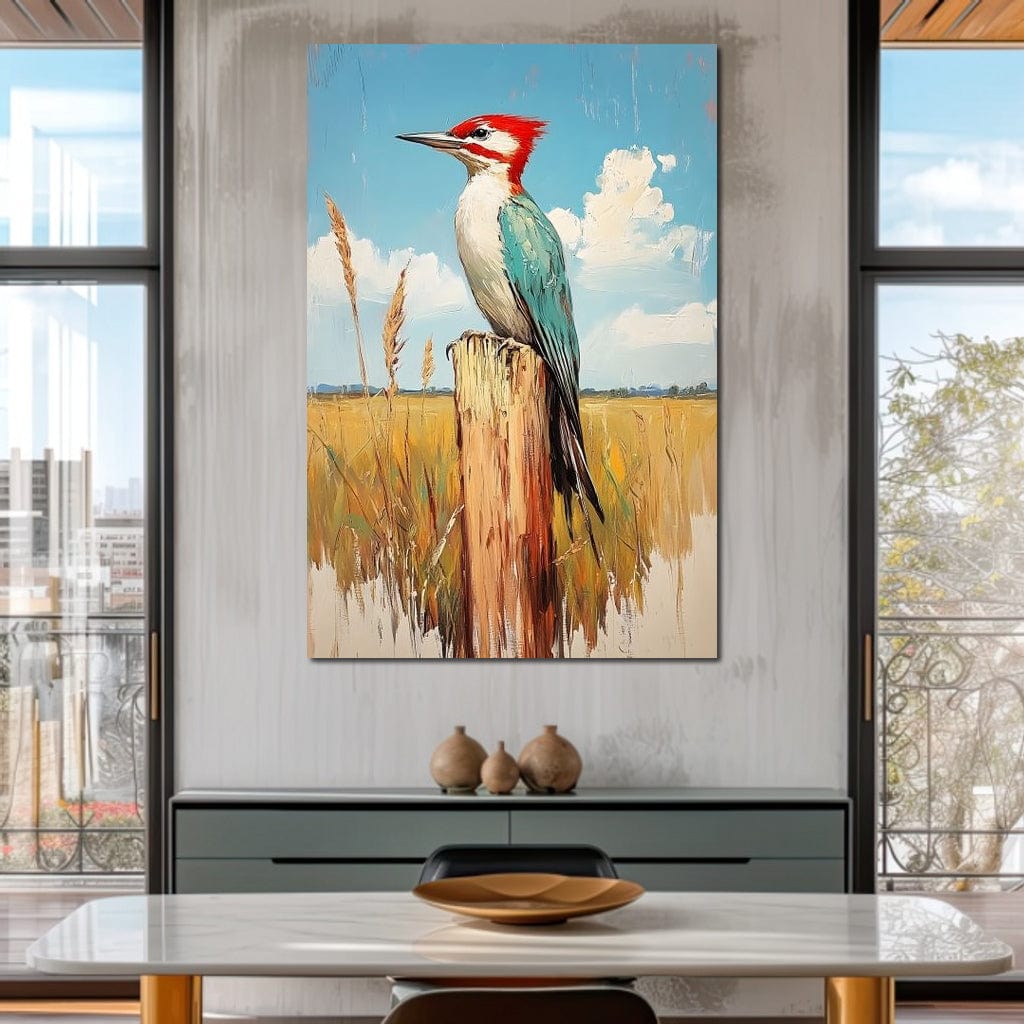 tablou canvas cu o ciocanitoare pe un stalp de lemn, intr-un peisaj rustic de campie