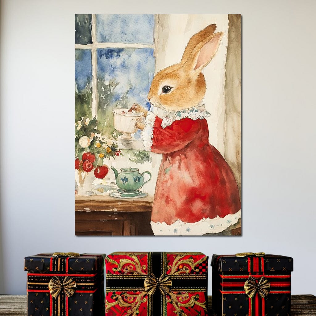 Tablou Canvas Premium LuxCanva® D1047, Iepurasul Rosu si Aroma Ceaiului ,  Iepure, Ceai, Fereastra, Nostalgie, Elegant, Living Room, Culori vibrante