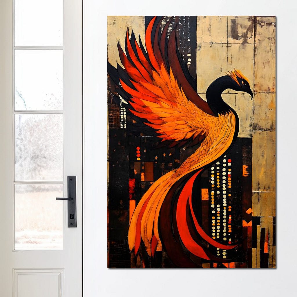 tablou canvas cu o pasare Phoenix in zbor pe fundal abstract rosu, portocaliu si galben