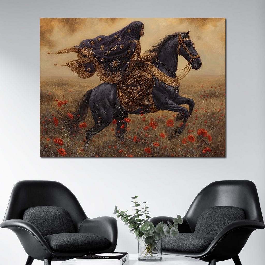 Tablou Canvas Premium, LuxCanva® G1095, Galop Printre Maci, Epic, Libertate, Armasar, Maci, Oriental, Printesa, Calatorie, Vant, Living, Dormitor