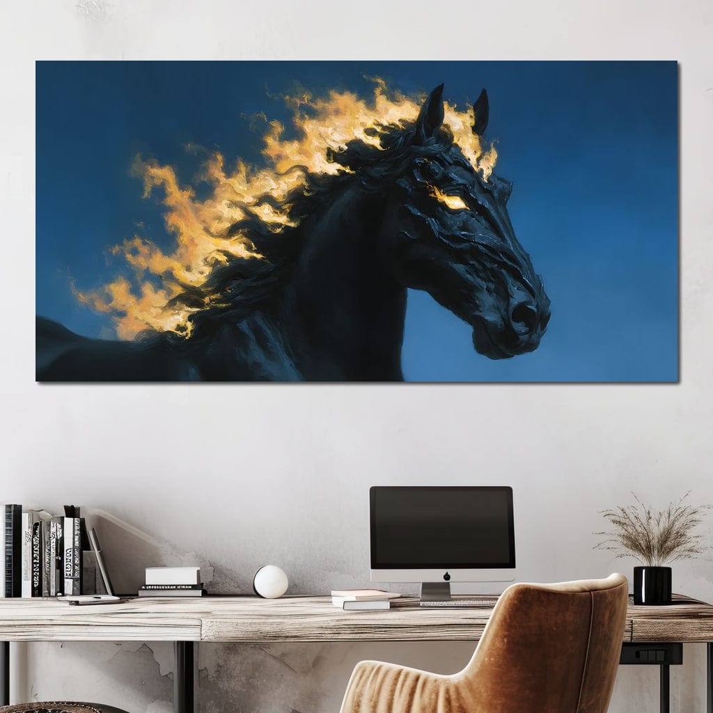 tablou canvas cu un cal negru cu coama in flacari, in galop pe fundal albastru