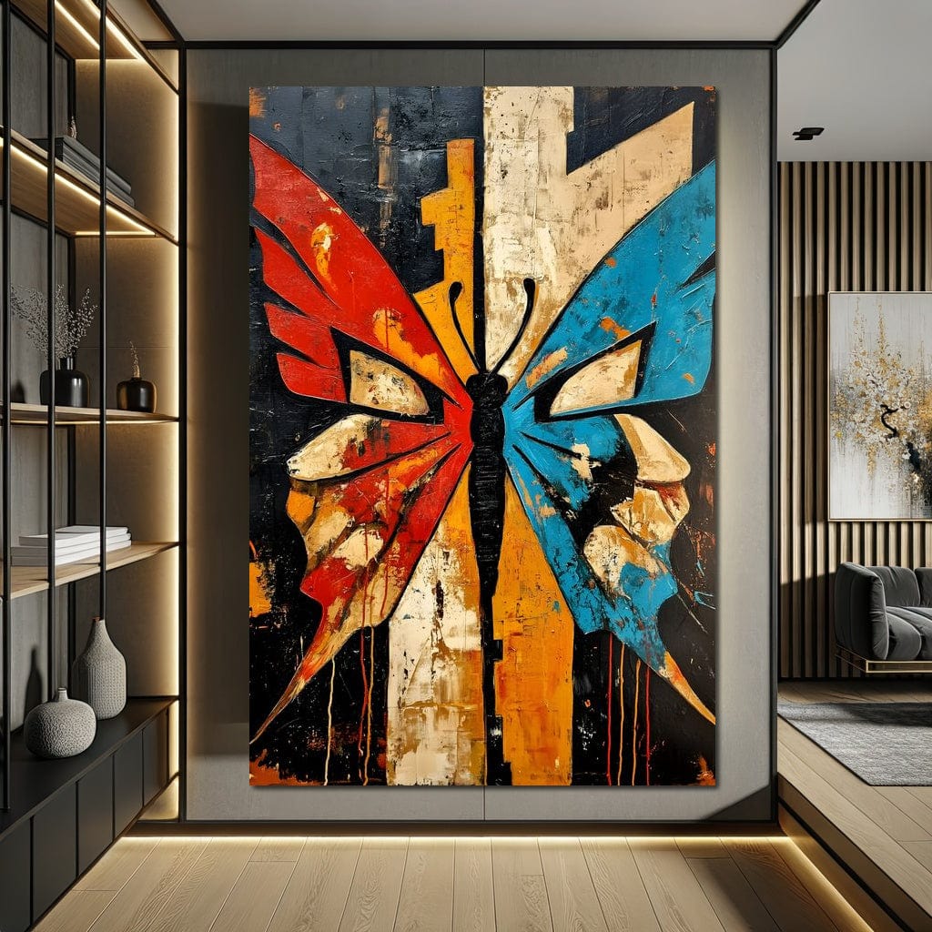 tablou canvas cu un fluture abstract in nuante de rosu si albastru, pe fundal urban texturat in stil pictura graffiti