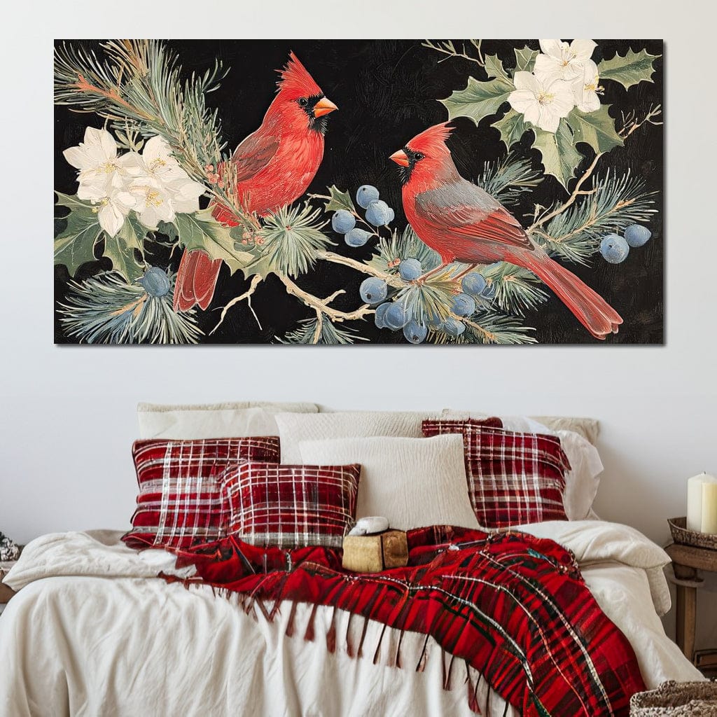 Tablou Canvas Premium LuxCanva® D1043, Cardinali in Pacea Iernii , Cardinali, Rosu, Dragoste, Pereche, Iarna, Living Room, Culori vibrante