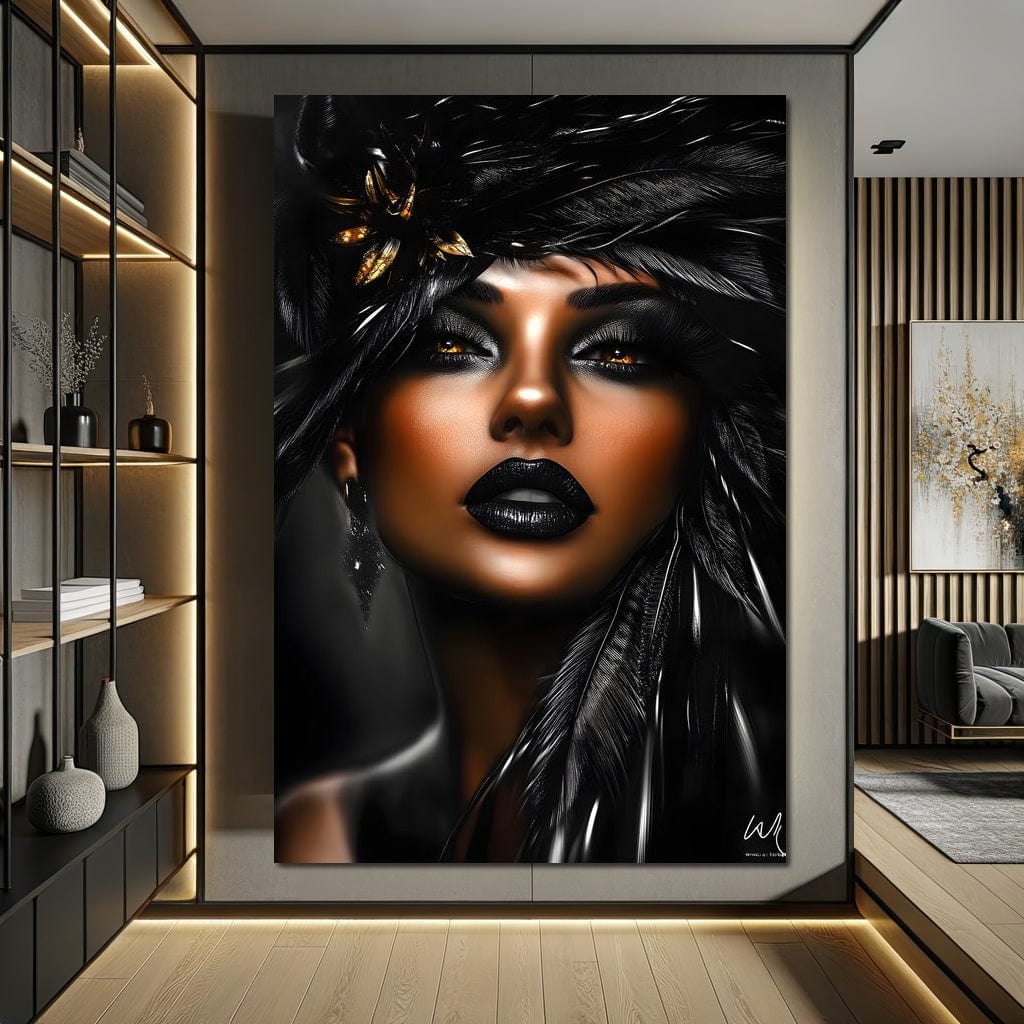 Tablou Canvas Premium, LuxCanva® G1183, Diamantul Negru, Lux, Intunecat, Pene, Negru, Machiaj, Dramatic, Buze, Aur, Arta, Rafinament, Atmosfera, Cinematic, Birou, Living, Dormitor