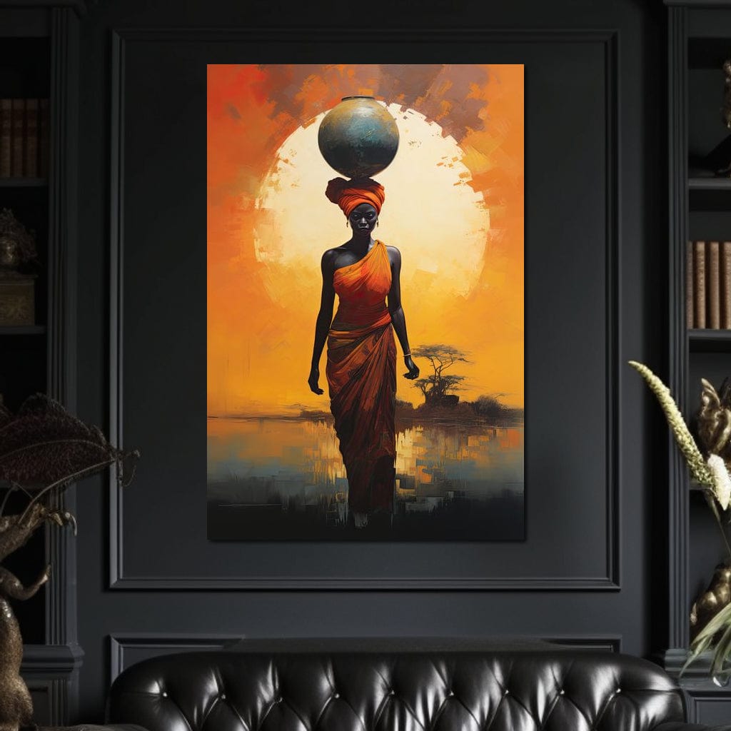 Tablou Canvas Premium LuxCanva® G1064, Sub Soarele Africii , Gratie, Forta, Drum, Apus, Silueta, Putere, Femeie, Portocaliu, Living, Dormitor