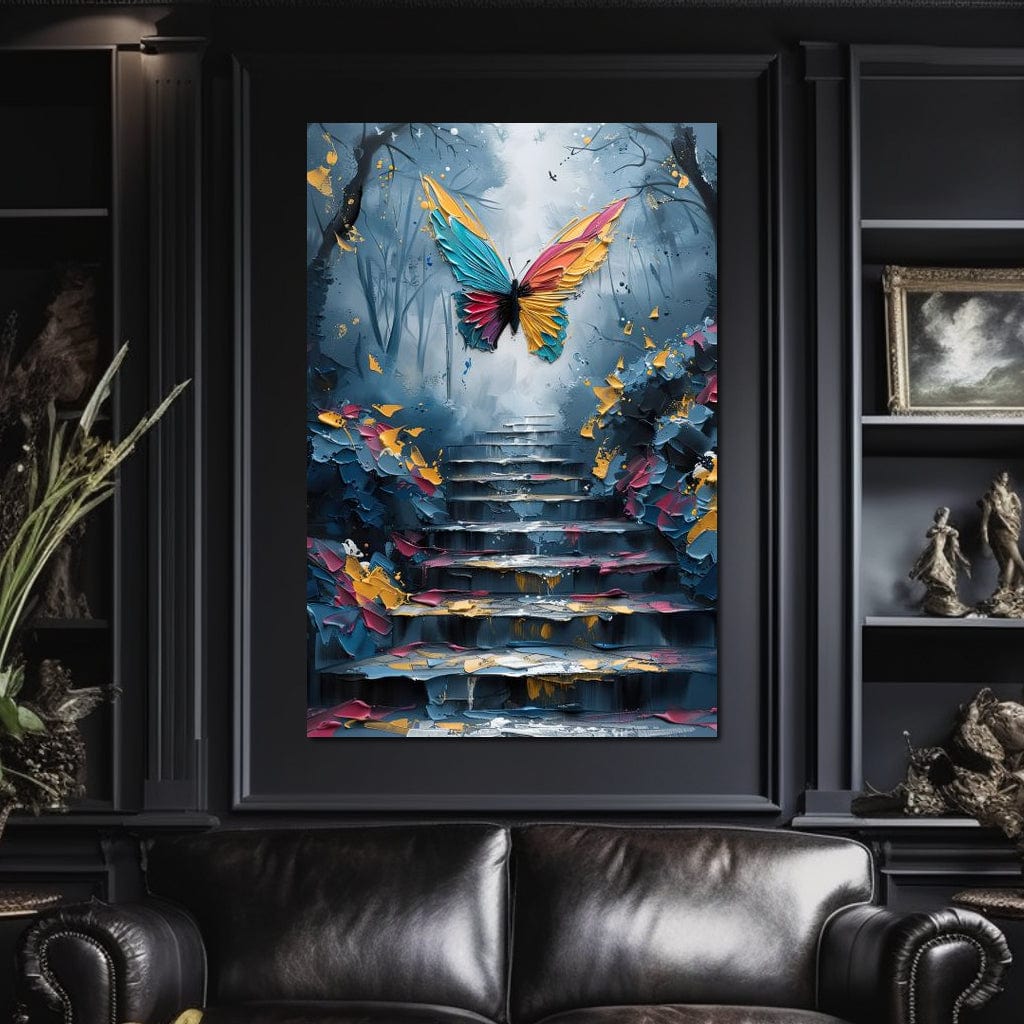 tablou canvas cu un fluture multicolor in zbor deasupra unor trepte, intr-o padure pictata in tonuri de albastru