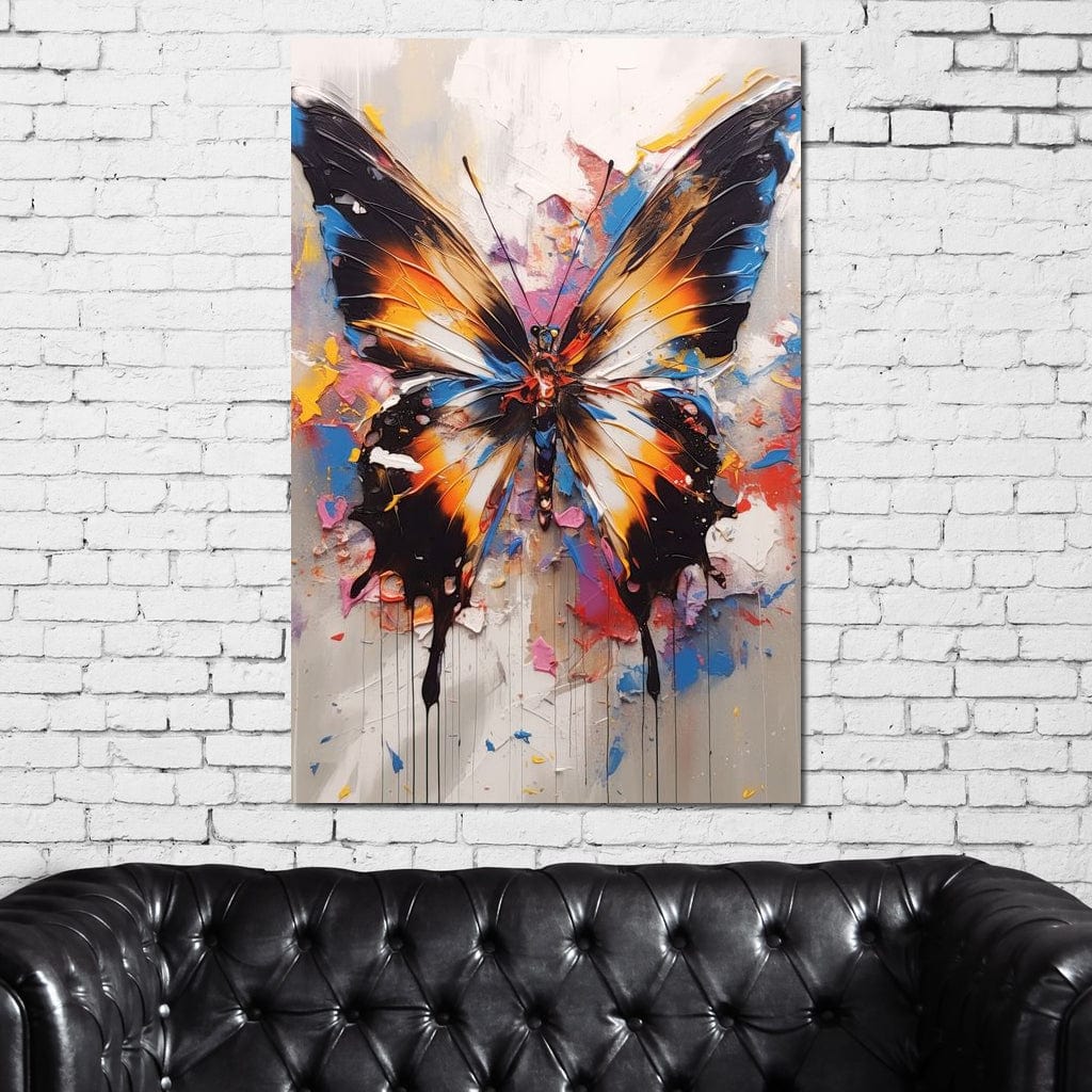 tablou canvas cu un fluture multicolor, pictat expresiv pe fundal abstract cu stropi de culoare vibranta