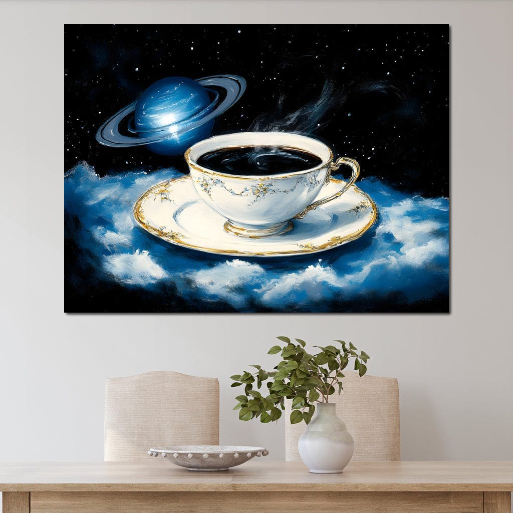 tablou canvas cu o ceasca de cafea plutind pe nori albi, pe fundal cosmic cu stele si o planeta albastra cu inele