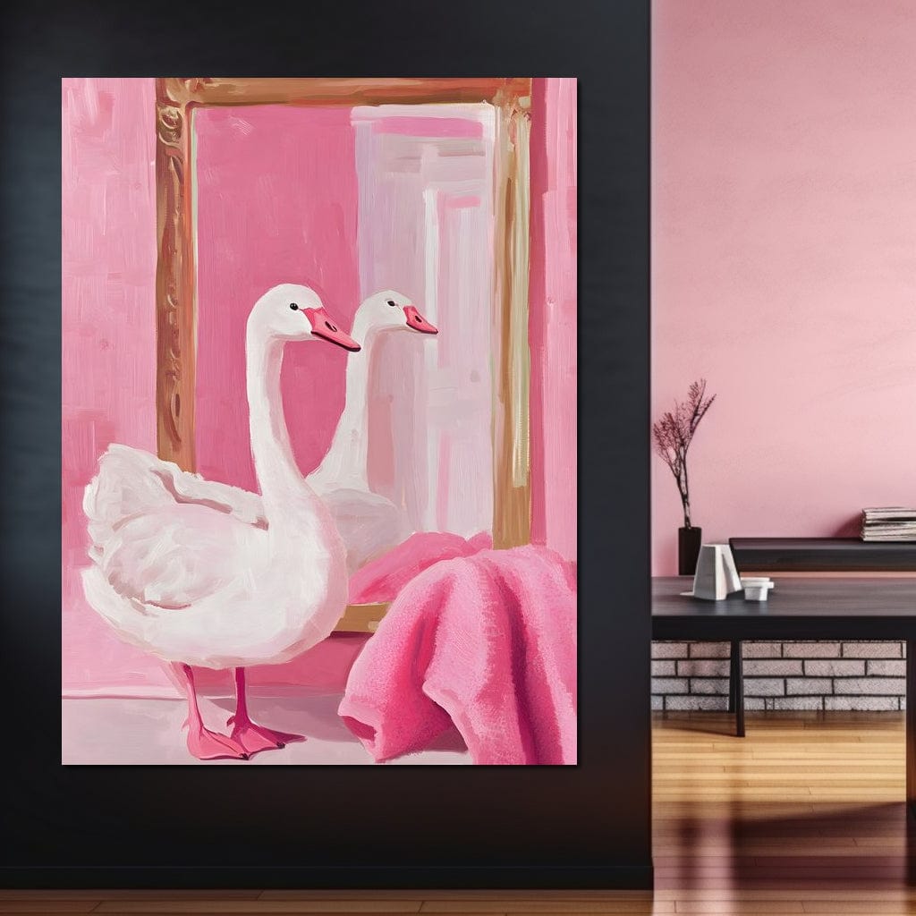 tablou canvas cu o lebada si un prosop roz, privind in oglinda cu margini aurii, pe fundal roz pastelat