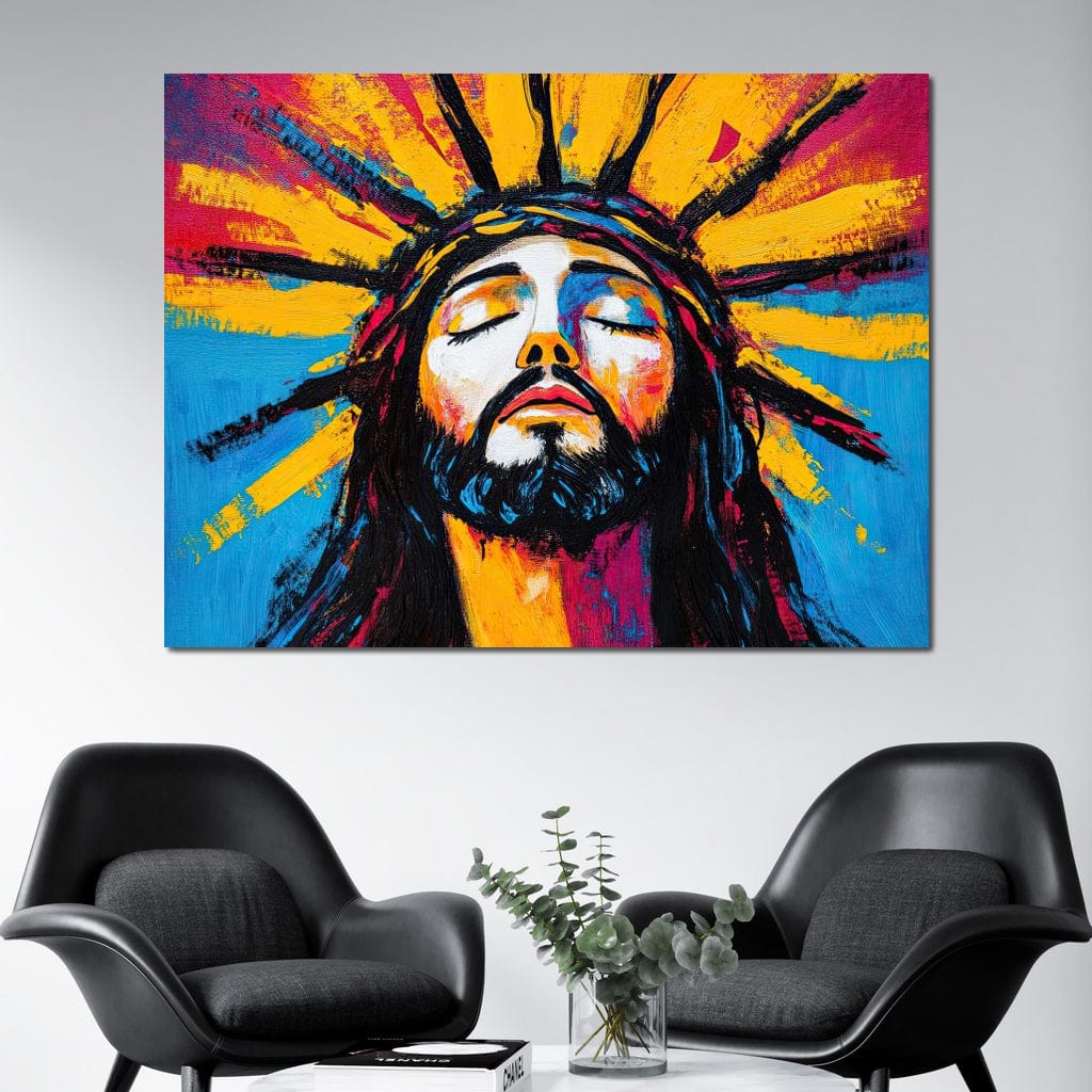 Tablou Canvas Premium LuxCanva® H1062, Sacrificiu Etern, Iisus, Contemplare, Pace Interioara, Coroana de Spini, Cer, Chip, Arta Religioasa Moderna, Living, Dormitor