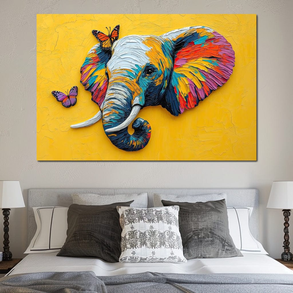 Tablou Canvas Premium, LuxCanva® M1311, Reverie Exotica, Pictura, Elefant, Fluturi, Aripi, Cromatic, Vesel, Portret, Profil, Texturat, Culori Vibrante, Birou, Living, Camera Copil