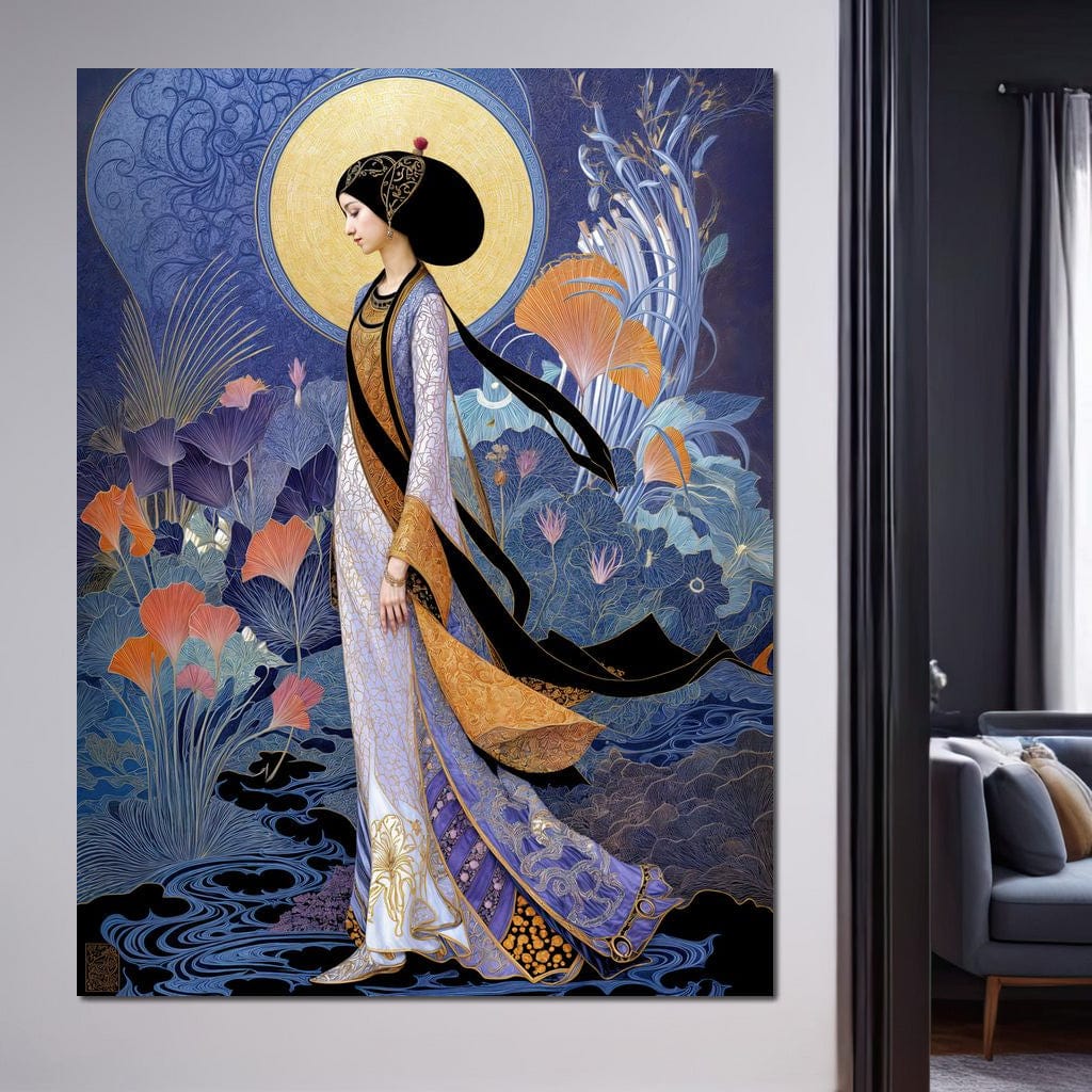 Tablou Canvas Premium, LuxCanva® G1145, Regina Gradinii Lunare, Lady, Luna, Flori, Eleganta, Oriental, Lotus, Rafinat, Art Nouveau, Mistic, Visare, Plimbare, Birou, Living