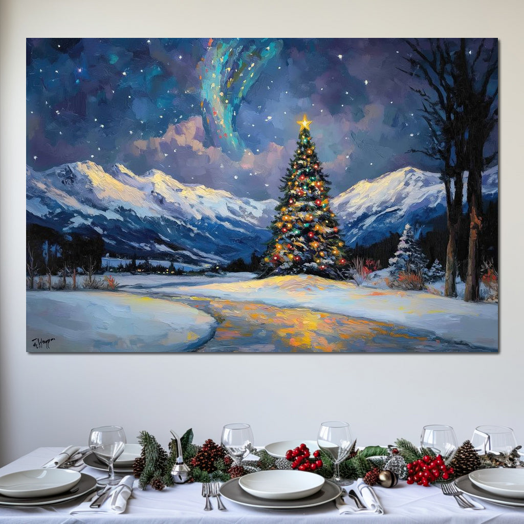 Tablou Canvas Premium LuxCanva® D1010, Noapte Inzapezita , Brad, Impodobit, Luminite, Noapte, Natura, Living Room, Culori vibrante