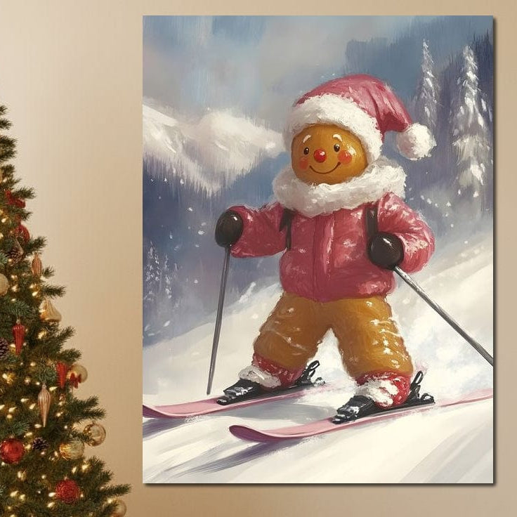 Tablou Canvas Premium LuxCanva® D1094: Turtita pe Partie - prajitura imbracata in geaca rosie si caciula Mosului schiaza vesel printre brazi si munti inzapeziti, decor perfect pentru sarbatorile de iarna in living sau camera copilului.