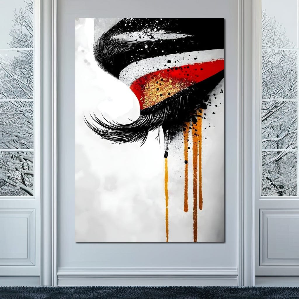 Tablou Canvas Premium, LuxCanva® G1180, Privirea care Curge, Ochi, Gene, Lacrimi, Tacere, Durere, Emotie, Drama, Rosu, Galben, Negru, Stropi, Suferinta, Birou, Living, Dormitor