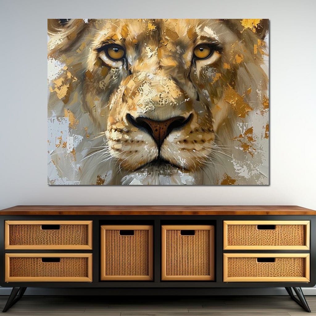 tablou canvas cu un chip de leu redat in culori calde si accente aurii, pe fundal abstract deschis