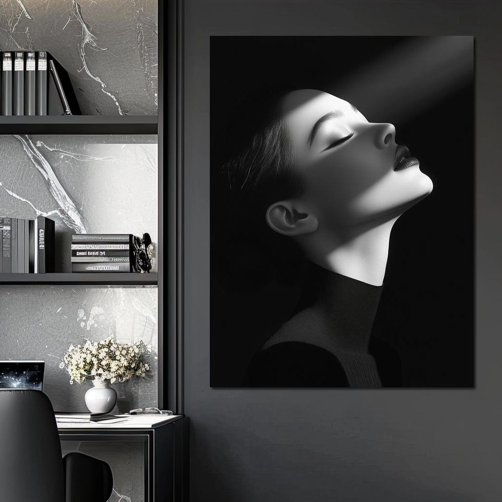 Tablou Canvas Premium, LuxCanva® G1195, Lumina Divina, Respiratie, Raza, Tacere, Femeie, Contemplare, Alb, Negru, Atemporal, Gratie, Light, Dorinta, Divin, Birou, Living, Dormitor