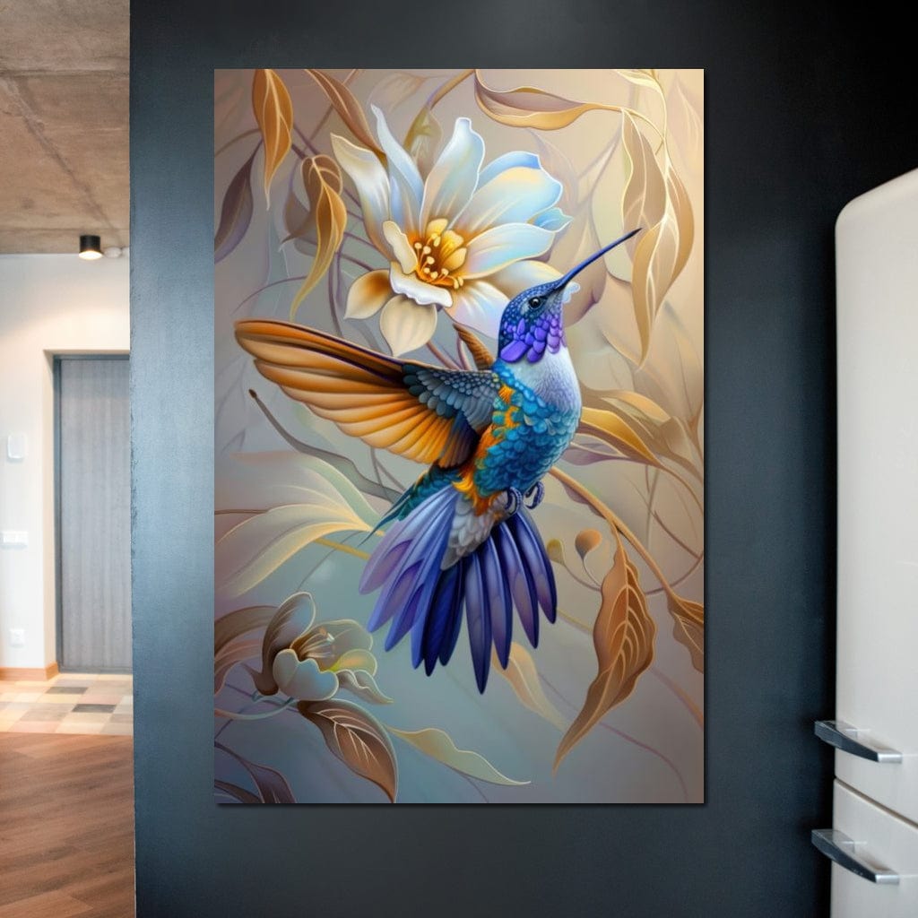 tablou canvas cu o pasare colibri multicolora in zbor langa o floare alba  deschisa