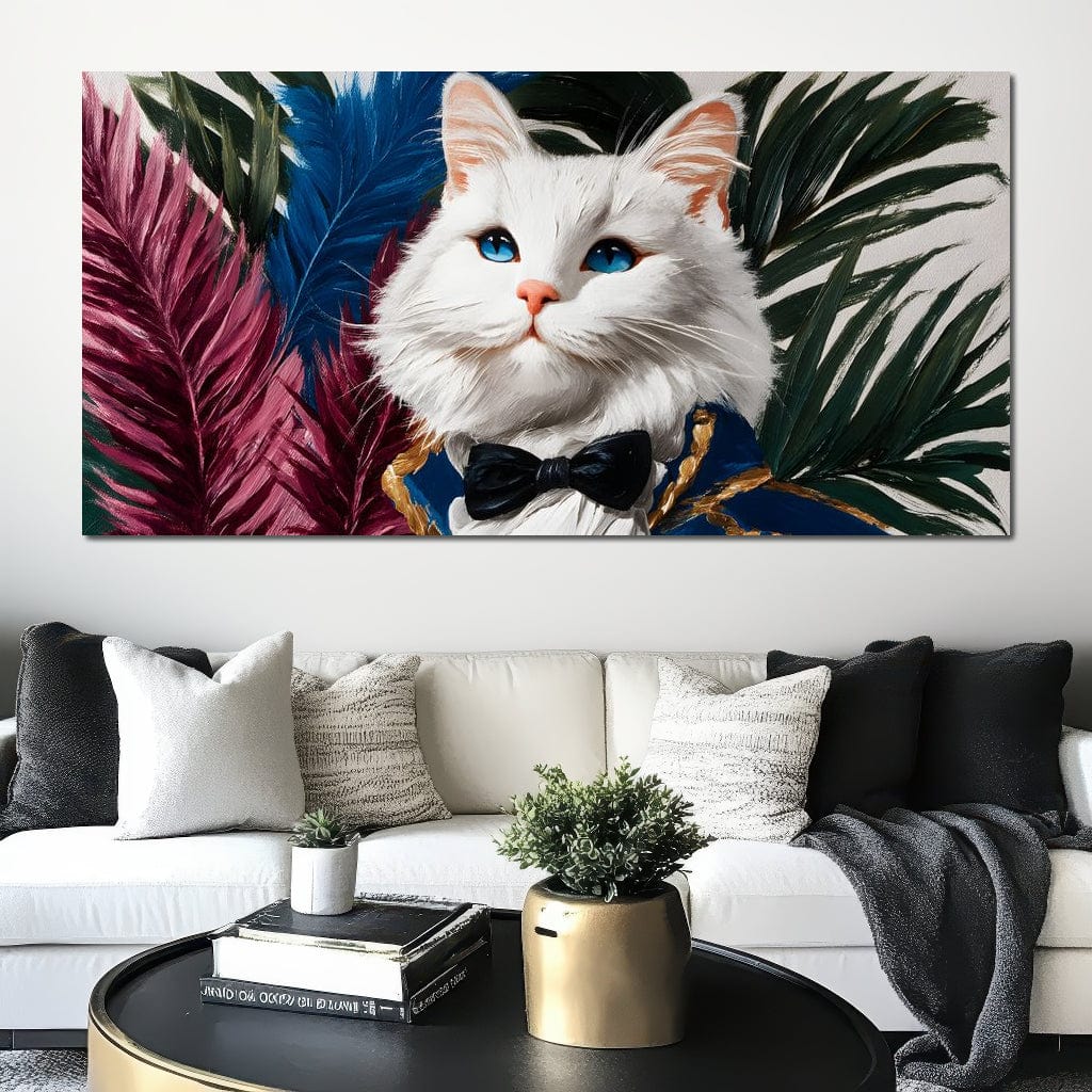 tablou canvas cu o pisica alba, in costum elegant cu papion negru, pe fundal cu frunze albastre, rosii si verzi