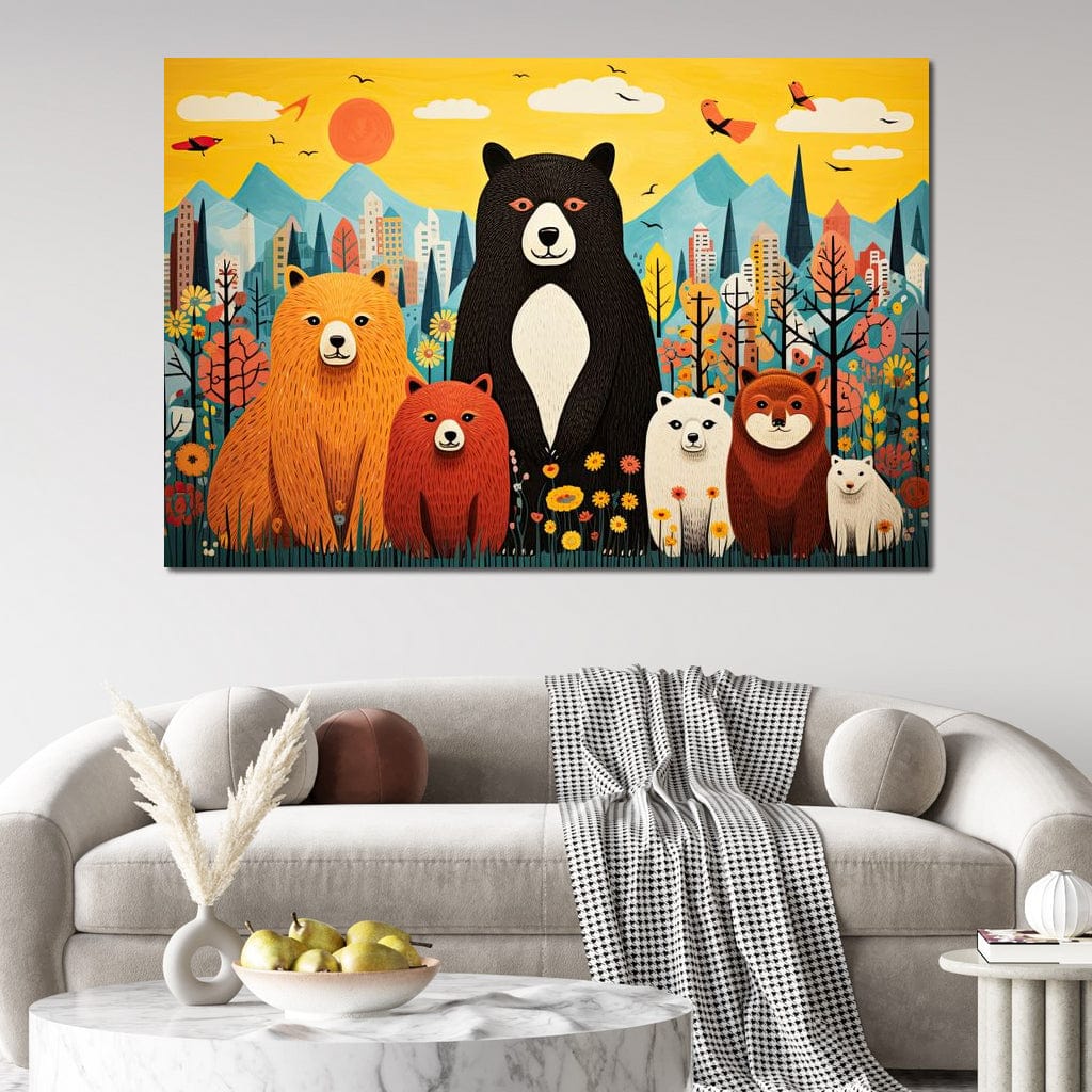 Tablou Canvas Premium, LuxCanva® K1007, Familia de Ursuleti, Padure, Munte, Oras, Prieteni, Poiana, Magica, Decor, Veselie, Prietenie, Caldura, Natura, Barlog, Camera Copii