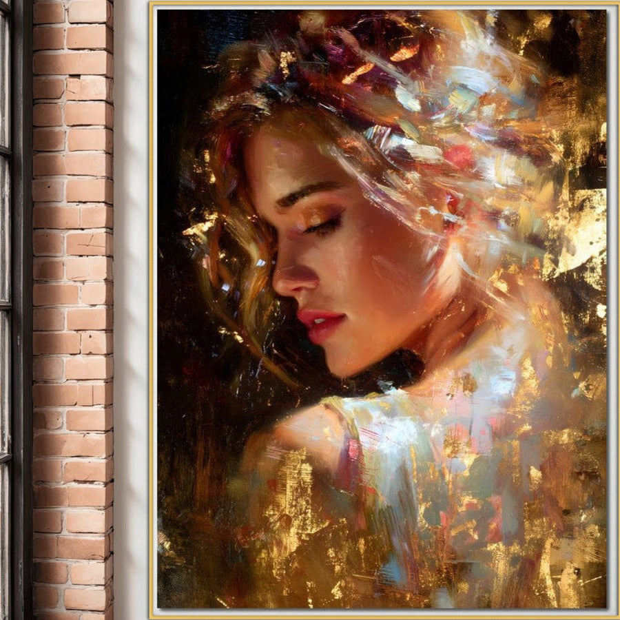 Tabloul LuxCanva® Tablou Canvas Premium "In Bratele Soarelui" înfățișează o femeie visătoare și grațioasă în tonuri aurii și stil impresionist, perfect pentru a adăuga rafinament și strălucire decorului dvs. de birou, sufragerie sau dormitor.