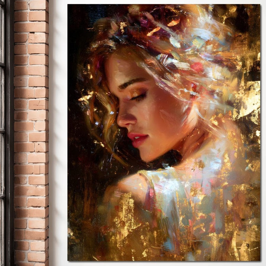 Tablou Canvas Premium, LuxCanva® G1155, In Bratele Soarelui, Visare, Fata, Zeita, Auriu, Gratie, Tacere, Stralucire, Freamat, Sclipiri, Rasarit, Mister, Rafinament, Birou, Living, Dormitor