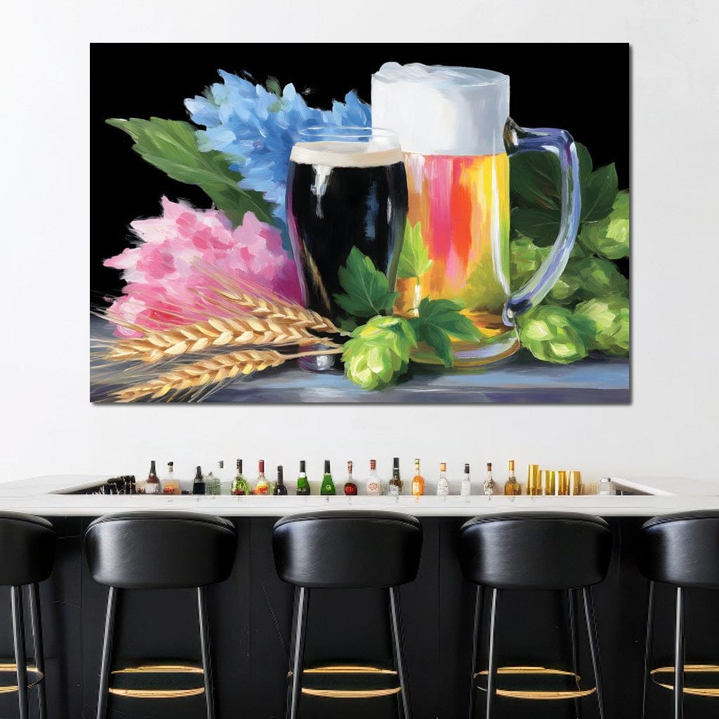 tablou canvas cu o halba de bere blonda si un pahar cu bere neagra, printre flori multicolore si flori de hamei, pictate pe fundal negru
