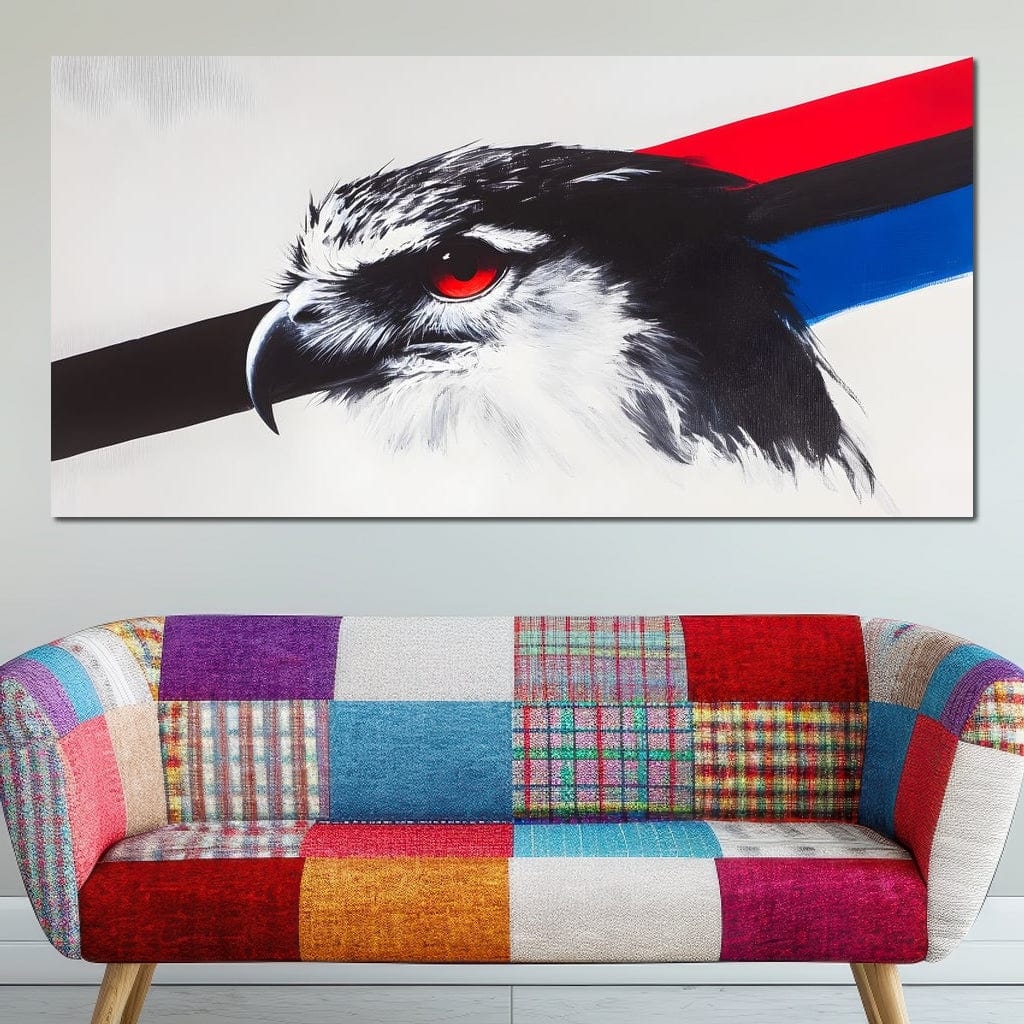 tablou canvas cu un cap de vultur cu ochi rosu, pe fundal alb cu linii diagonale in rosu, negru si albastru