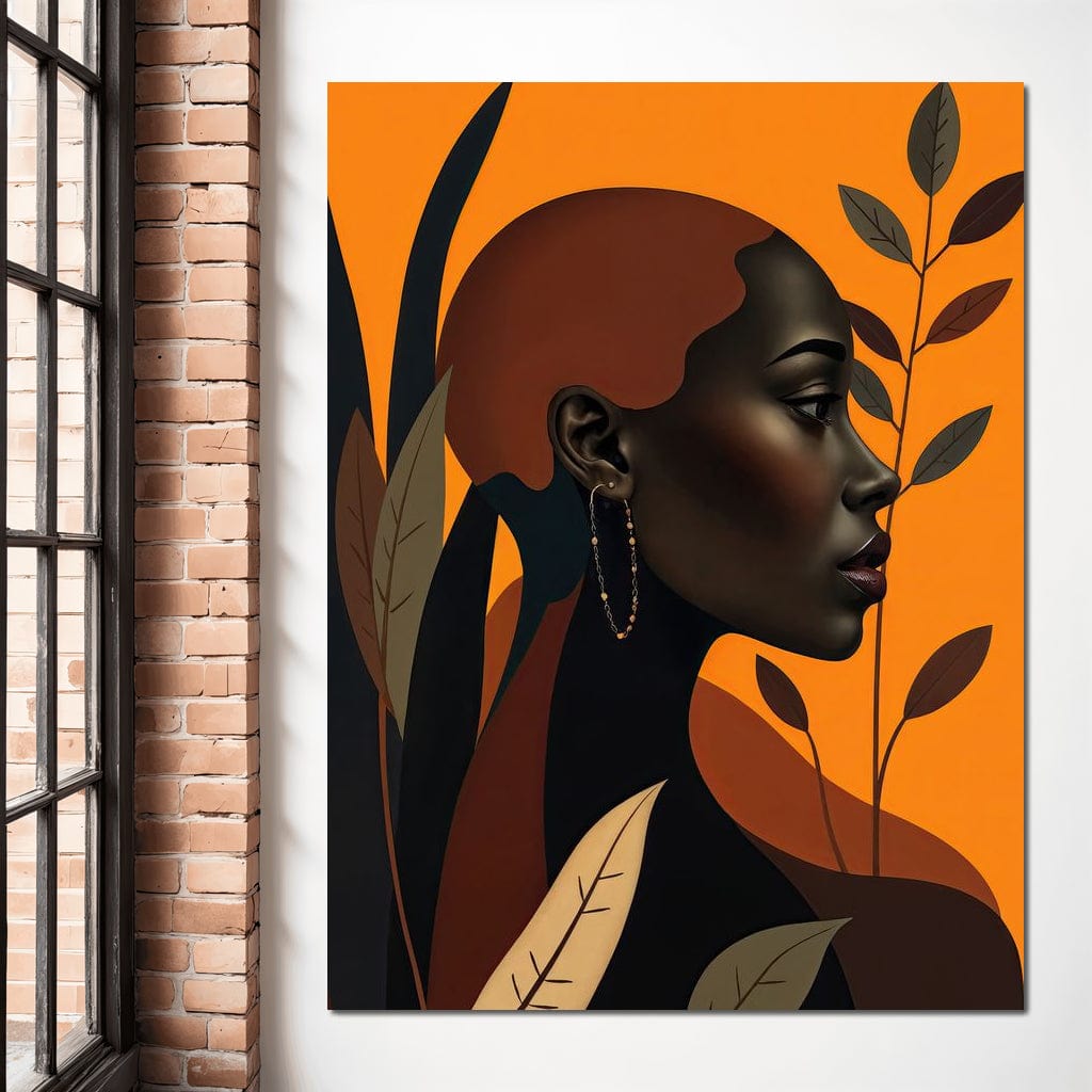 Tablou Canvas Premium, LuxCanva® G1133, Respiratia Frunzelor, Lumina, Pamant, Aur, Umbra, Frunze, Natura, Femeie, Eleganta, Feminitate, Cercei, Profil, Afro, Birou, Living