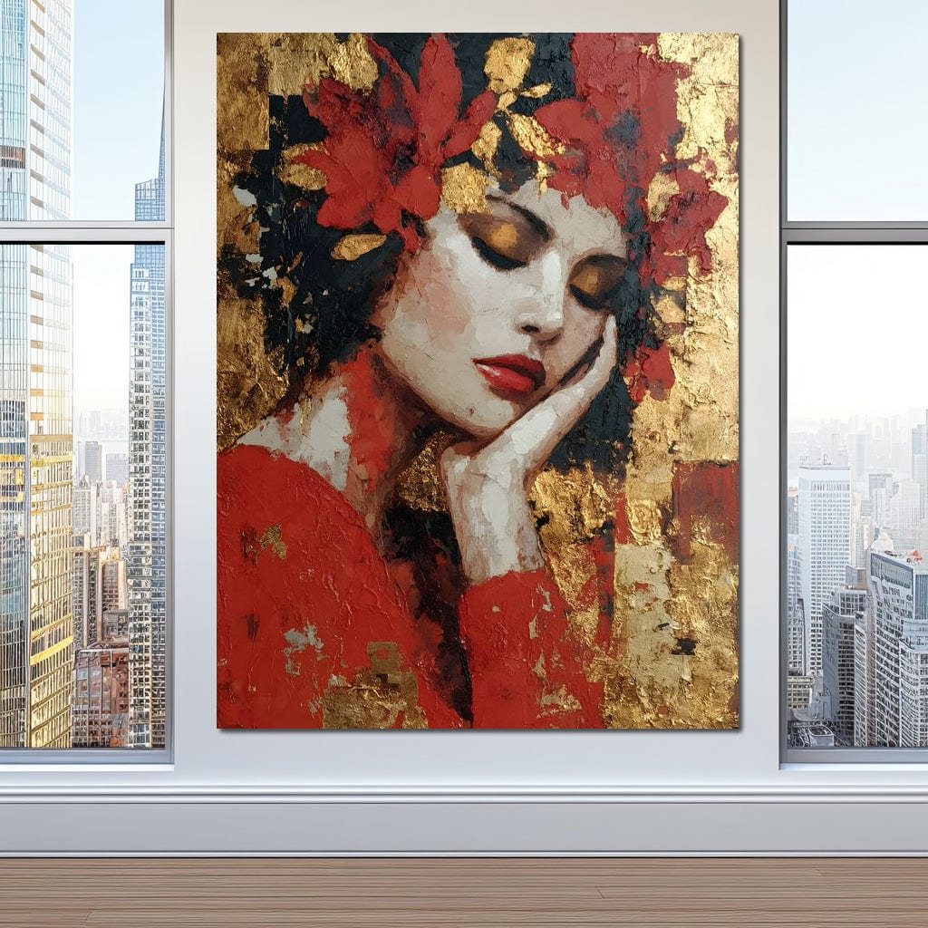 Tablou Canvas Premium, LuxCanva® G1227, Rasuflarea Luminii, Visare, Aur, Rosu, Tacere, Toamna, Catifea, Ganduri, Melancolie, Flori, Portret, Rafinament, Mister, Pasiune, Salon, Living, Dormitor