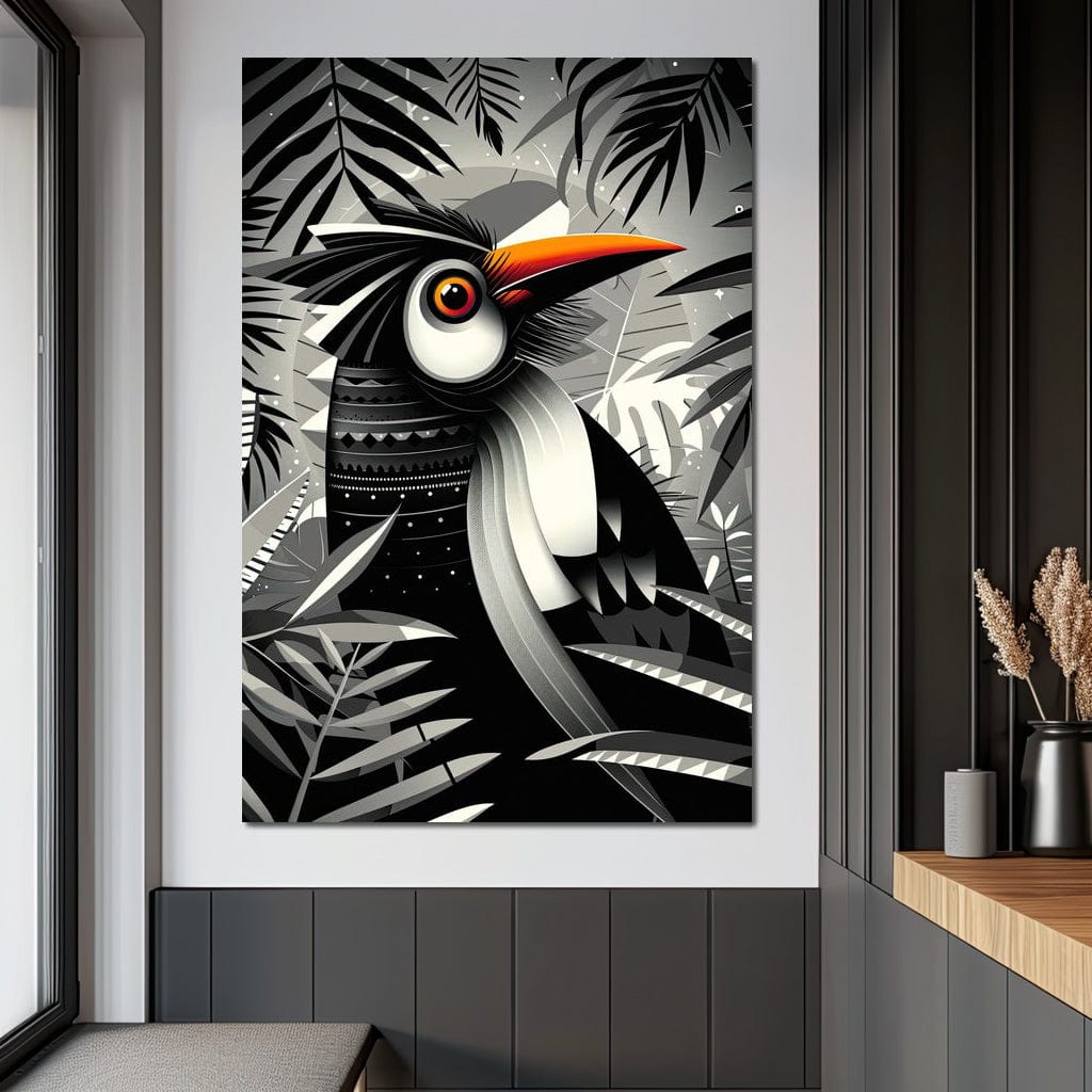 tablou canvas cu o pasare exotica cu cioc portocaliu pe fundal de jungla abstracta alb si negru