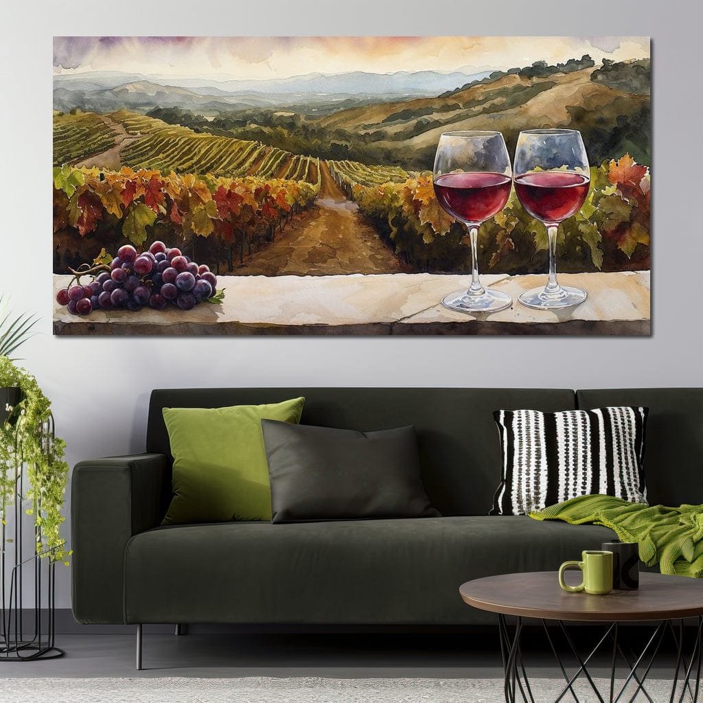 tablou canvas cu doua pahare de vin rosu si un ciorchine de struguri rosii, pe fundal cu vita de vie si peisaj rustic